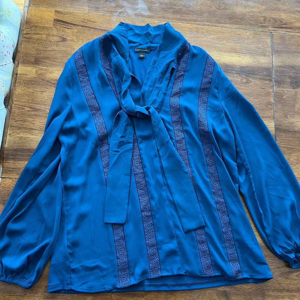 Ann Taylor navy tie blouse